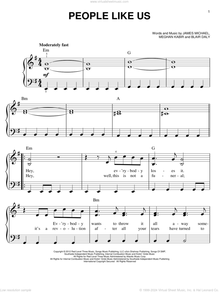 People Like Us sheet music for piano solo by Kelly Clarkson, Blair Daly, James Michael and Meghan Kabir, easy skill level