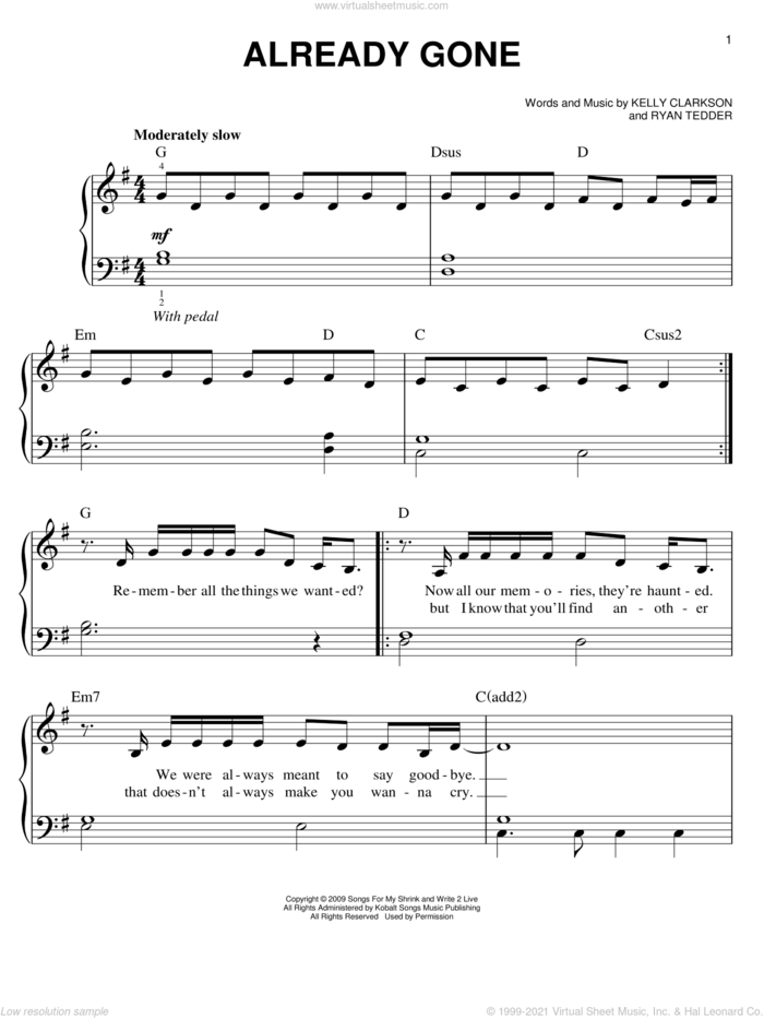 Already Gone sheet music for piano solo by Kelly Clarkson and Ryan Tedder, easy skill level