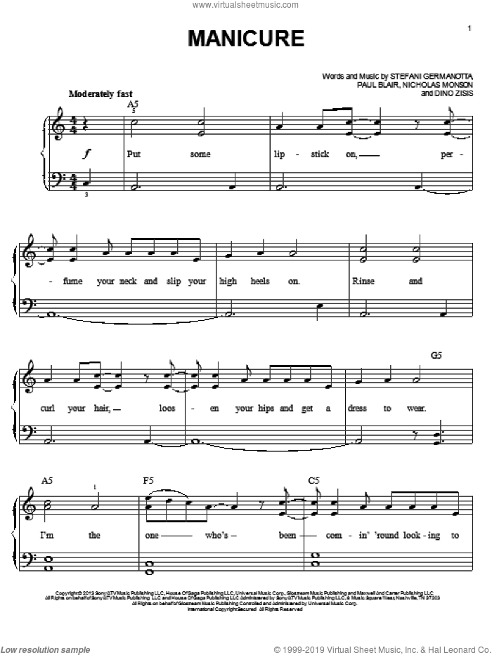 Manicure sheet music for piano solo by Lady Gaga, Dino Zisis, Nicholas Monson and Paul Blair, easy skill level