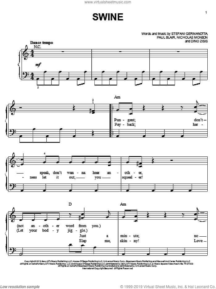 Swine sheet music for piano solo by Lady Gaga, Dino Zisis, Nicholas Monson and Paul Blair, easy skill level