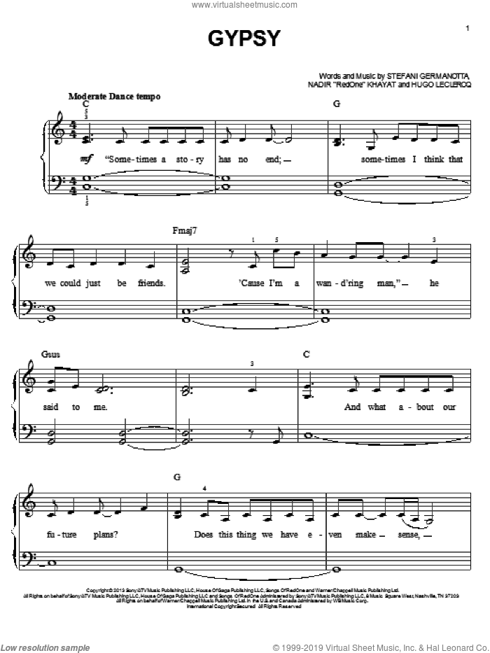 Gypsy sheet music for piano solo by Lady Gaga, Hugo Leclercq and Nadir 'RedOne' Khayat, easy skill level