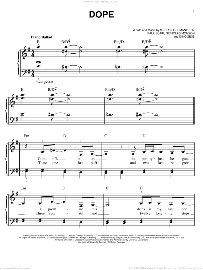 Dope sheet music for piano solo by Lady Gaga, Dino Zisis, Nicholas Monson and Paul Blair, easy skill level