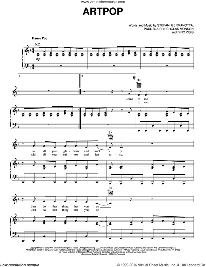 ARTPOP sheet music for voice, piano or guitar by Lady Gaga, Dino Zisis, Nicholas Monson and Paul Blair, intermediate skill level