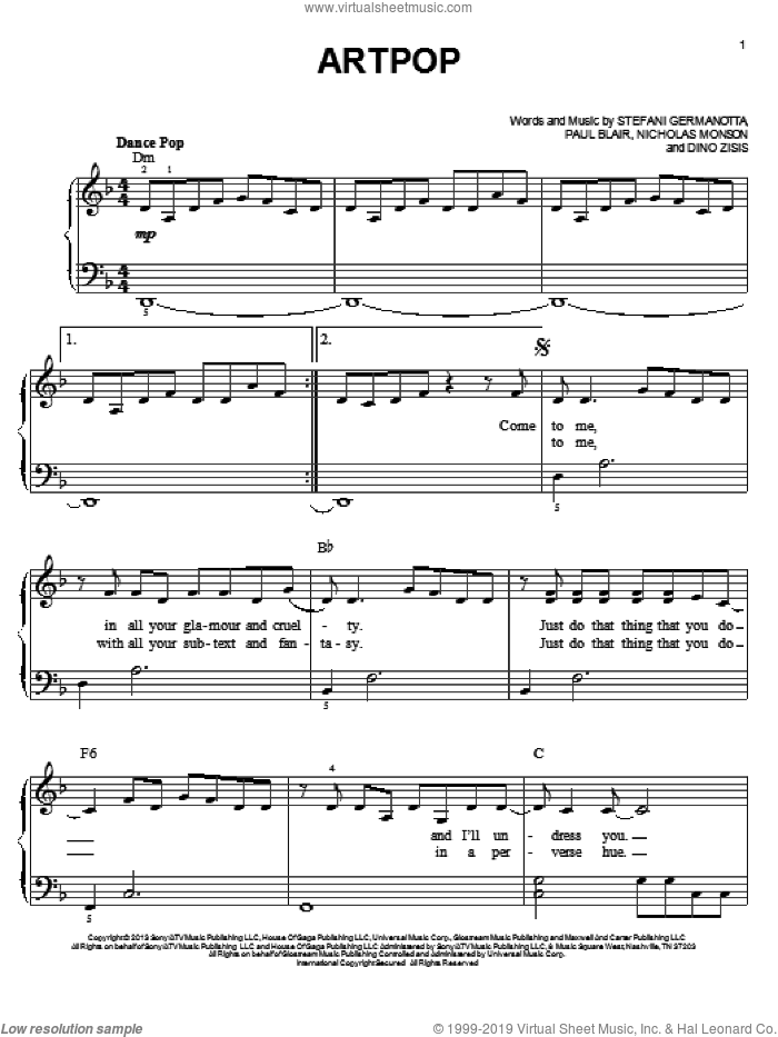 ARTPOP sheet music for piano solo by Lady Gaga, Dino Zisis, Nicholas Monson and Paul Blair, easy skill level