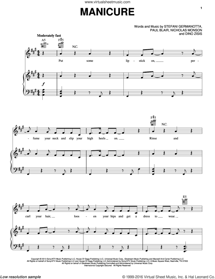 Manicure sheet music for voice, piano or guitar by Lady Gaga, Dino Zisis, Nicholas Monson and Paul Blair, intermediate skill level
