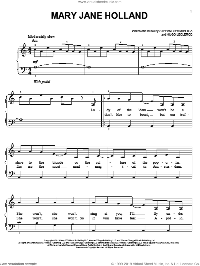 Mary Jane Holland sheet music for piano solo by Lady Gaga and Hugo Leclercq, easy skill level