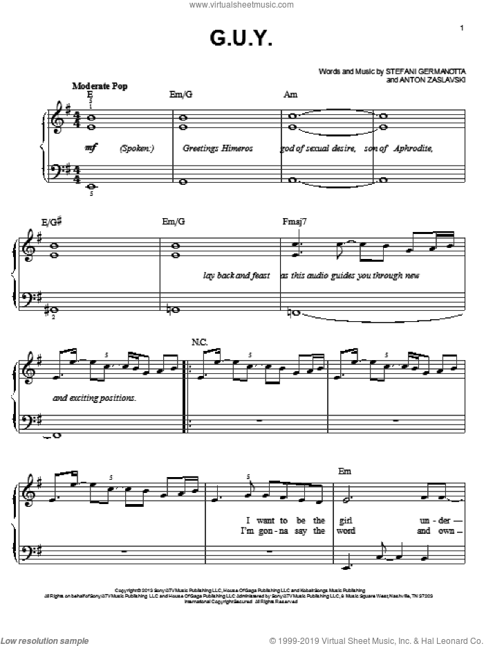 G.U.Y. sheet music for piano solo by Lady Gaga and Anton Zaslavski, easy skill level