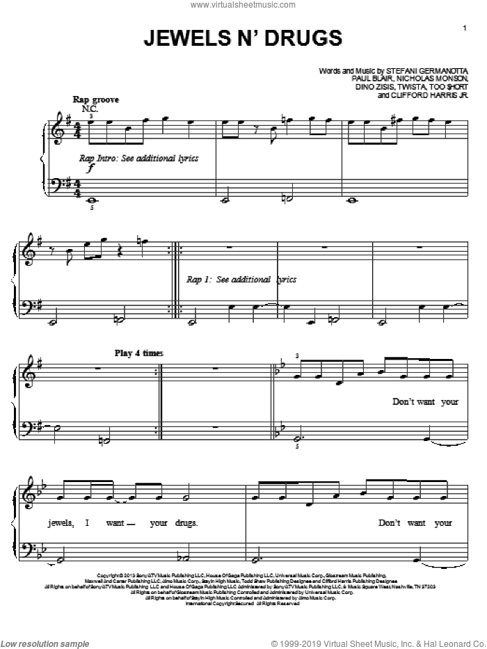 Jewels N' Drugs sheet music for piano solo by Lady Gaga, Clifford Harris Jr., Dino Zisis, Nicholas Monson, Paul Blair, Too $hort and Twista, easy skill level