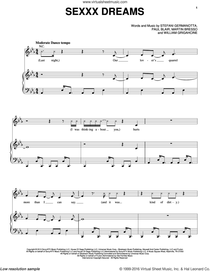 Sexxx Dreams sheet music for voice, piano or guitar by Lady Gaga, Martin Bresso, Paul Blair and William Grigahcine, intermediate skill level