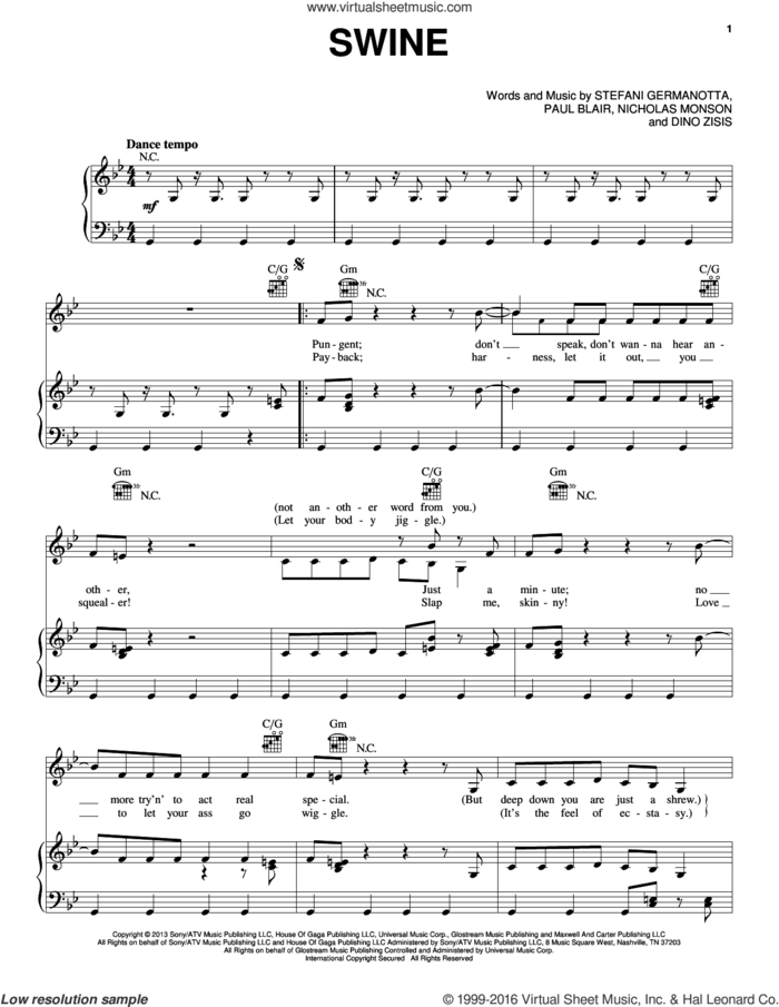 Swine sheet music for voice, piano or guitar by Lady Gaga, Dino Zisis, Nicholas Monson and Paul Blair, intermediate skill level