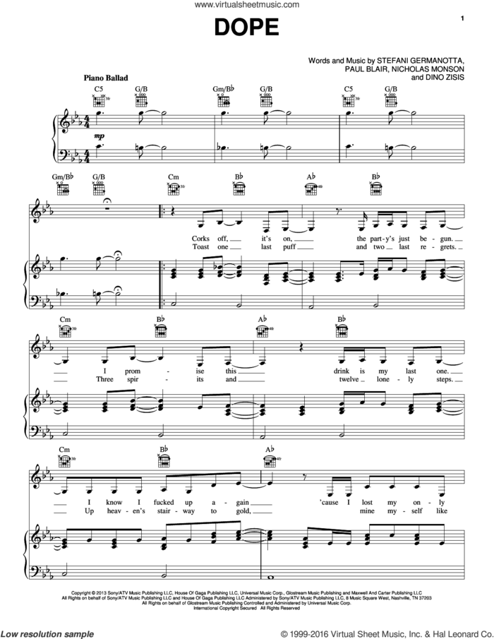 Dope sheet music for voice, piano or guitar by Lady Gaga, Dino Zisis, Nicholas Monson and Paul Blair, intermediate skill level