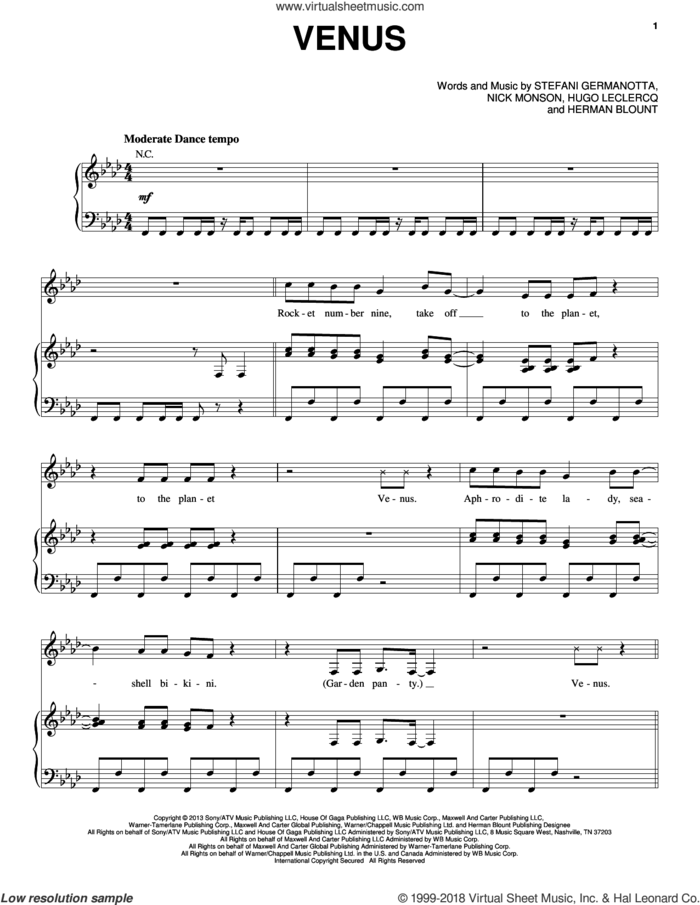 Venus sheet music for voice, piano or guitar by Lady Gaga, Herman Blount, Hugo Leclercq and Nick Monson, intermediate skill level