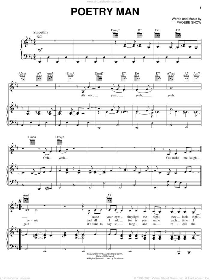 Poetry Man sheet music for voice, piano or guitar by Phoebe Snow, intermediate skill level
