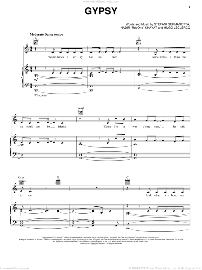 Gypsy sheet music for voice, piano or guitar by Lady Gaga, Hugo Leclercq and Nadir 'RedOne' Khayat, intermediate skill level