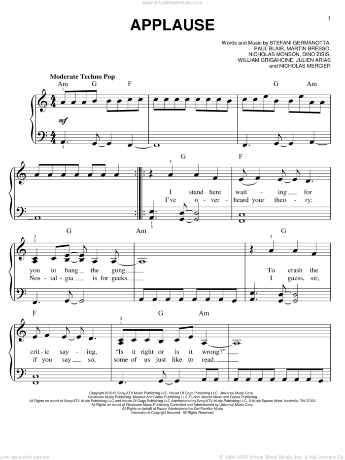 Applause sheet music for piano solo by Lady Gaga, Dino Zisis, Julien Arias, Martin Bresso, Nicholas Mercier, Nicholas Monson, Paul Blair and William Grigahcine, easy skill level