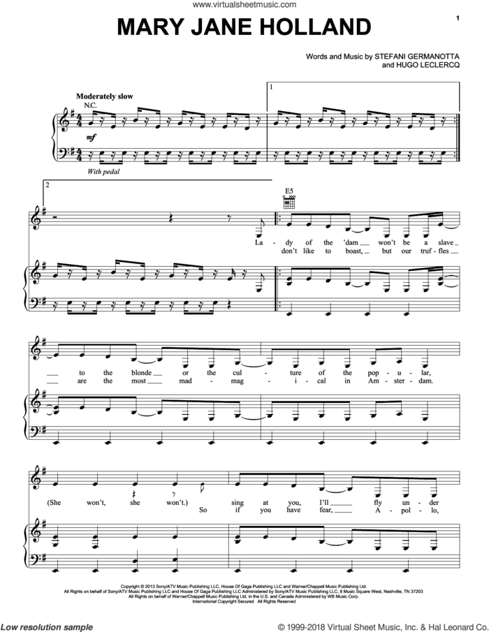Mary Jane Holland sheet music for voice, piano or guitar by Lady Gaga and Hugo Leclercq, intermediate skill level