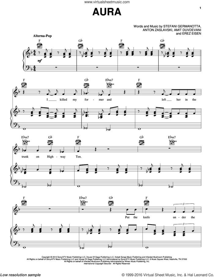 Aura sheet music for voice, piano or guitar by Lady Gaga, Amit Duvdevani, Anton Zaslavski and Erez Eisen, intermediate skill level
