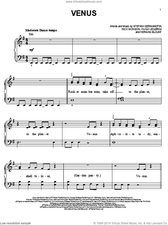 Venus sheet music for piano solo by Lady Gaga, Herman Blount, Hugo Leclercq and Nick Monson, easy skill level
