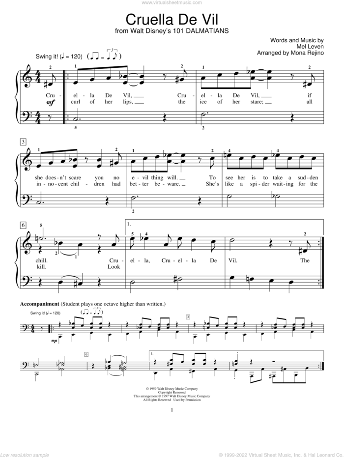 Cruella De Vil (from 101 Dalmations) (arr. Mona Rejino) sheet music for piano solo (elementary) by Mona Rejino, Mel Leven and Robert Vandall, beginner piano (elementary)