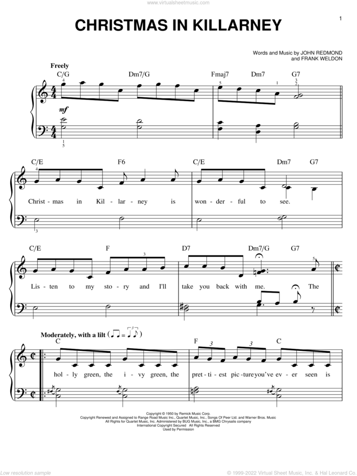 Christmas In Killarney sheet music for piano solo by Frank Weldon and John Redmond, easy skill level