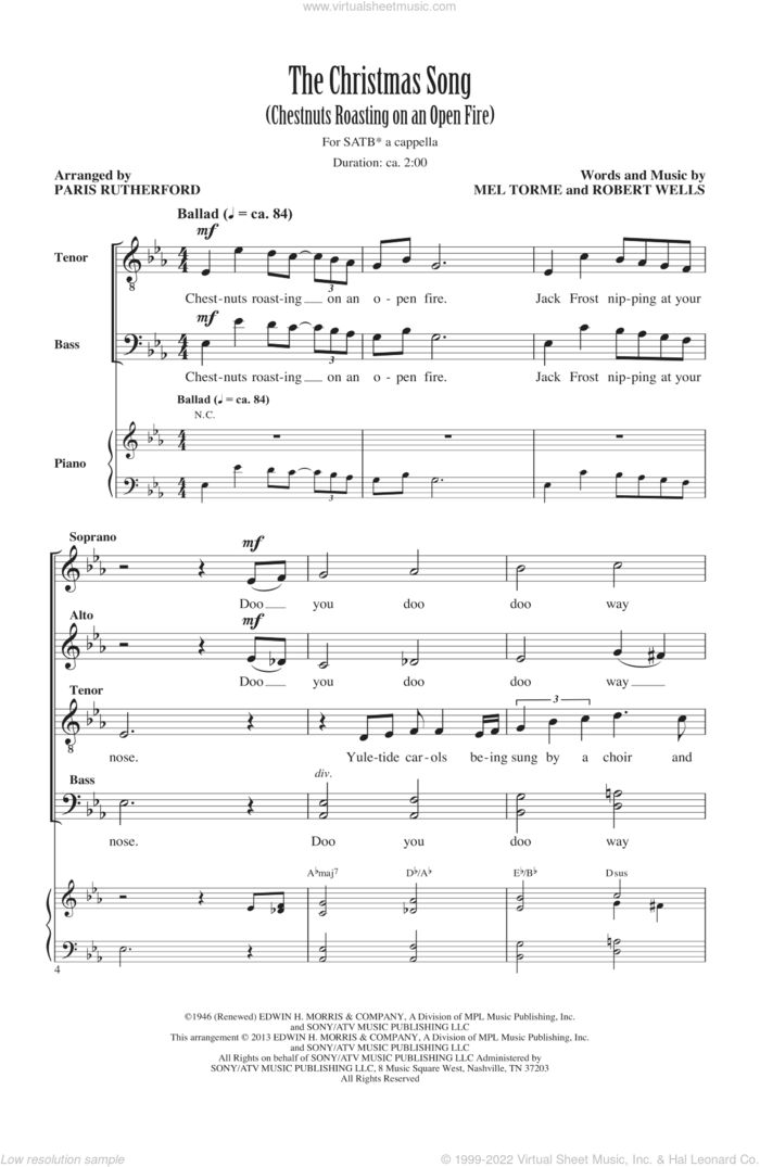 The Christmas Song (Chestnuts Roasting On An Open Fire) sheet music for choir (SATB: soprano, alto, tenor, bass) by Mel Torme, Robert Wells and Paris Rutherford, intermediate skill level