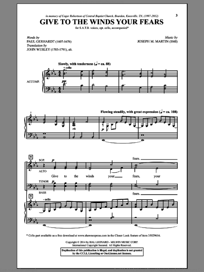 Give To The Winds Your Fears sheet music for choir (SATB: soprano, alto, tenor, bass) by Joseph M. Martin, John Wesley and Paul Gerhardt, intermediate skill level