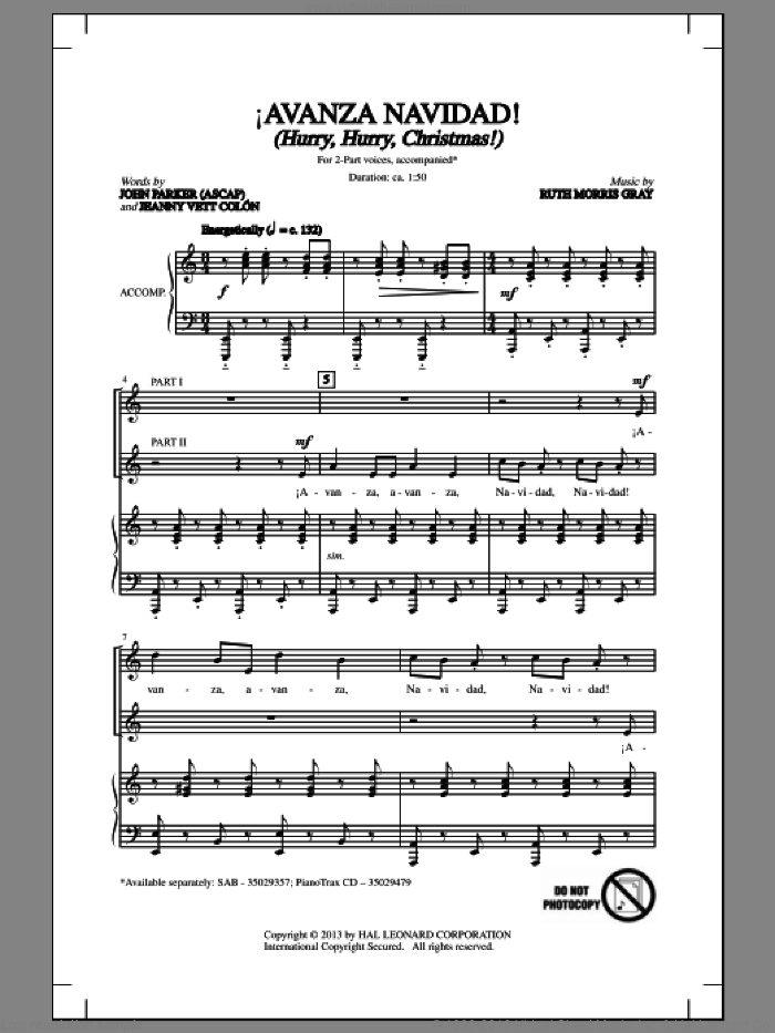 !Avanza Navidad! (Hurry, Hurry, Christmas!) sheet music for choir (2-Part) by Ruth Morris Gray, John Parker, Jeannyvett Colan and Jeannyvett Colon, intermediate duet