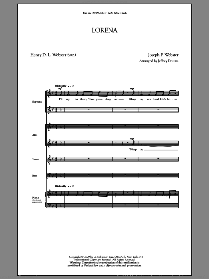 Lorena sheet music for choir (SATB: soprano, alto, tenor, bass) by Jeffrey Douma, intermediate skill level