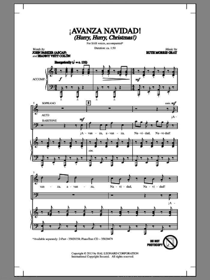 !Avanza Navidad! (Hurry, Hurry, Christmas!) sheet music for choir (SAB: soprano, alto, bass) by Ruth Morris Gray, John Parker, Jeannyvett Colan and Jeannyvett Colon, intermediate skill level