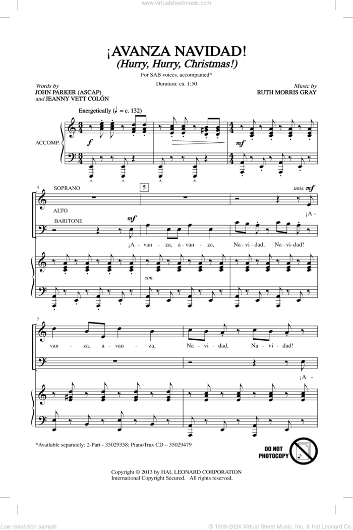 !Avanza Navidad! (Hurry, Hurry, Christmas!) sheet music for choir (SAB: soprano, alto, bass) by Ruth Morris Gray, John Parker, Jeannyvett Colan and Jeannyvett Colon, intermediate skill level