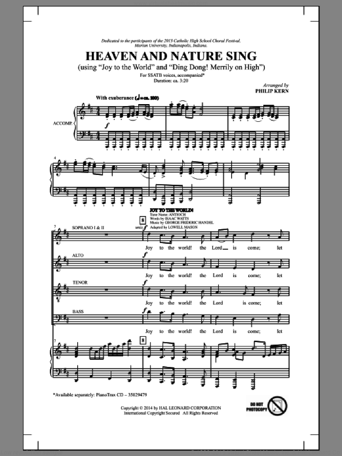 Heaven And Nature Sing sheet music for choir (SATB: soprano, alto, tenor, bass) by Philip Kern, intermediate skill level