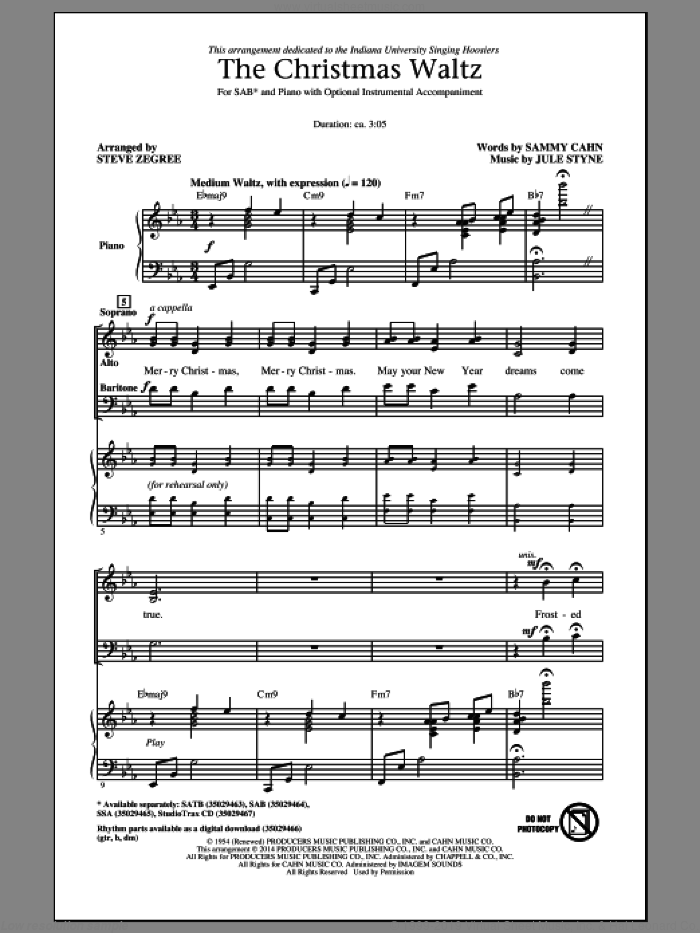 The Christmas Waltz sheet music for choir (SAB: soprano, alto, bass) by Sammy Cahn, Jule Styne and Steve Zegree, intermediate skill level