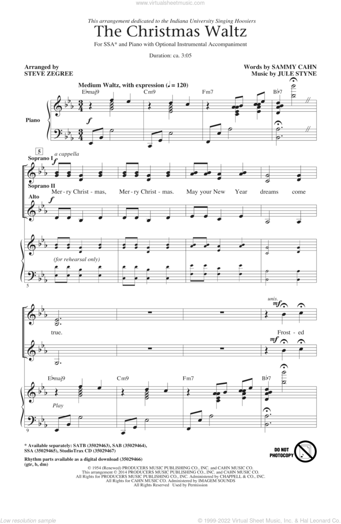 The Christmas Waltz sheet music for choir (SSA: soprano, alto) by Sammy Cahn, Jule Styne and Steve Zegree, intermediate skill level