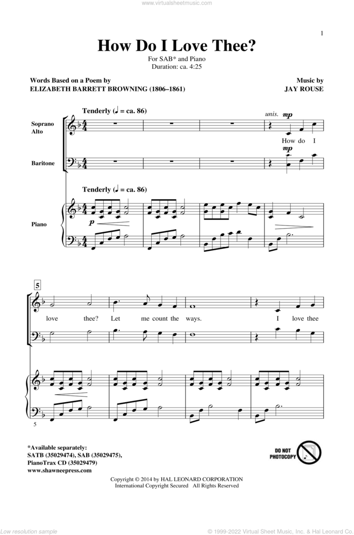 How Do I Love Thee? sheet music for choir (SAB: soprano, alto, bass) by Jay Rouse and Elizabeth Barrett Browning, intermediate skill level