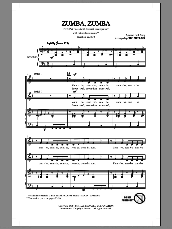 Zumba, Zumba sheet music for choir (2-Part) by Jill Gallina and Spanish Folk Song, intermediate duet