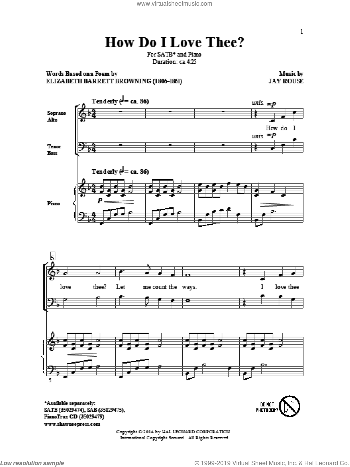 How Do I Love Thee? sheet music for choir (SATB: soprano, alto, tenor, bass) by Jay Rouse and Elizabeth Barrett Browning, intermediate skill level