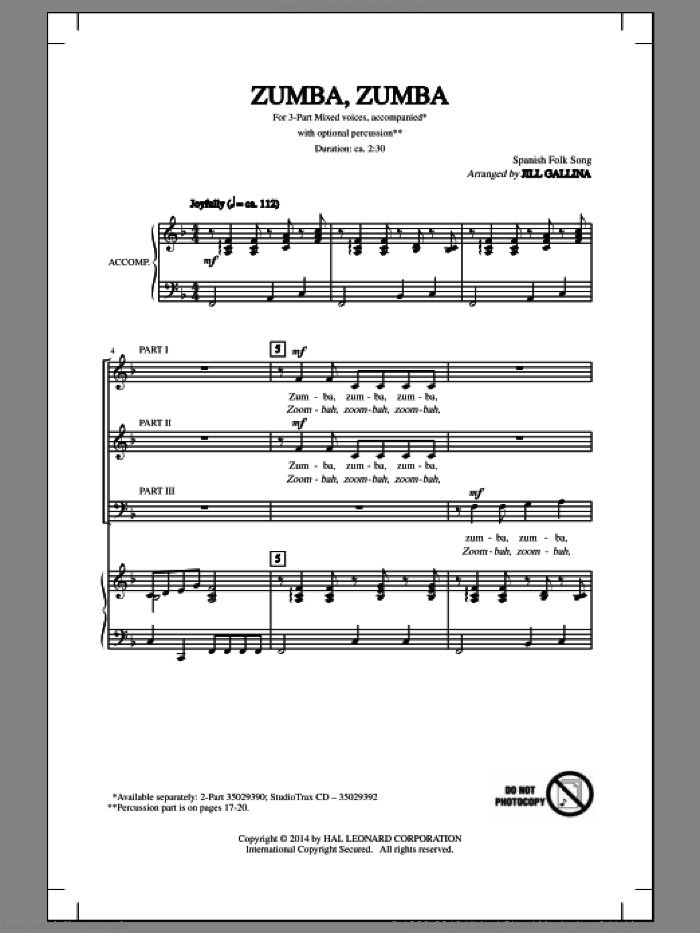 Zumba, Zumba sheet music for choir (3-Part Mixed) by Jill Gallina and Spanish Folk Song, intermediate skill level
