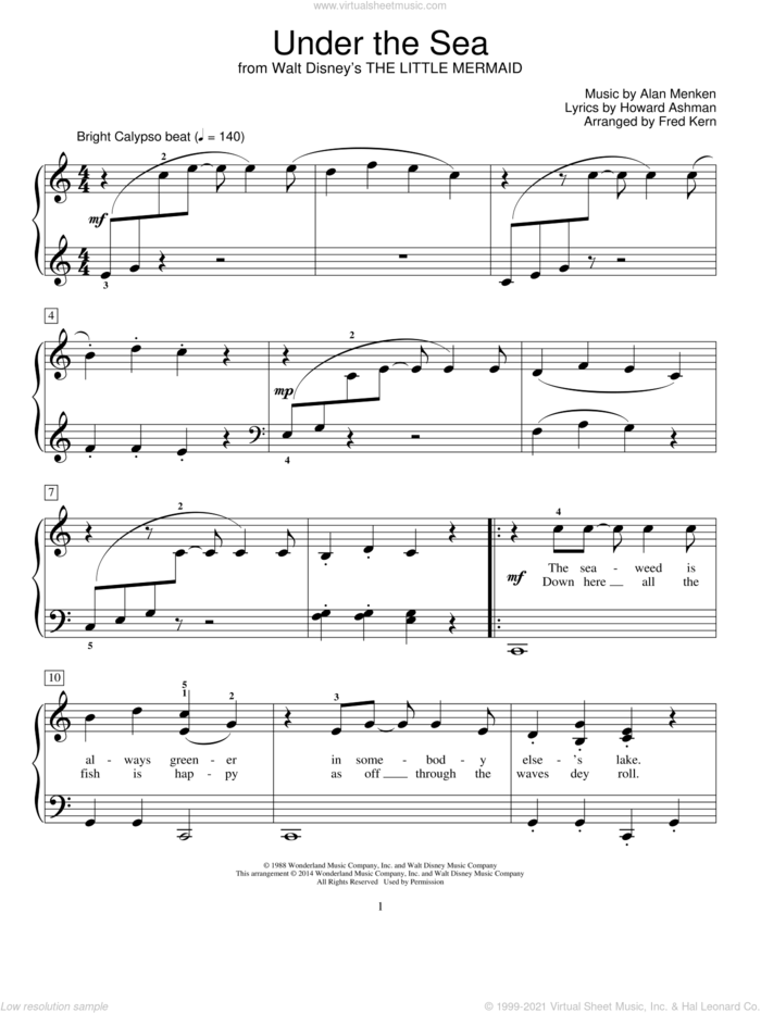 Under The Sea (from The Little Mermaid) (arr. Fred Kern) sheet music for piano solo (elementary) by Phillip Keveren, Alan Menken, Fred Kern, Howard Ashman and Mona Rejino, beginner piano (elementary)