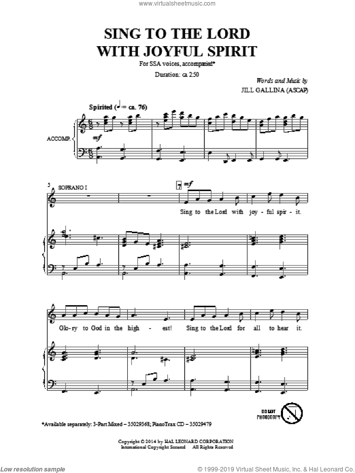 Sing To The Lord With Joyful Spirit sheet music for choir (SSA: soprano, alto) by Jill Gallina, intermediate skill level
