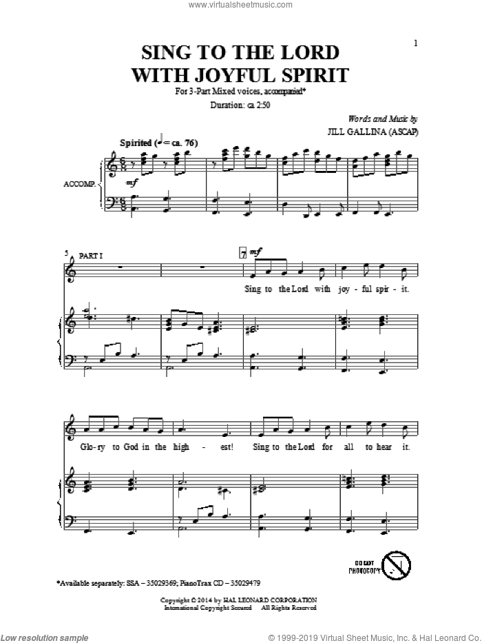 Sing To The Lord With Joyful Spirit sheet music for choir (3-Part Mixed) by Jill Gallina, intermediate skill level