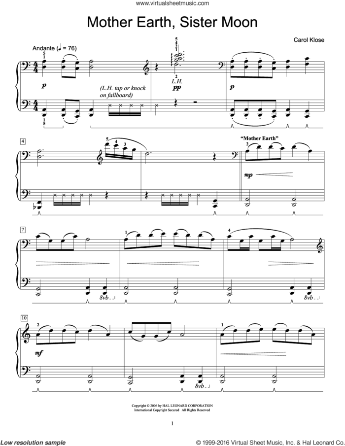 Mother Earth, Sister Moon sheet music for piano solo (elementary) by Carol Klose and Miscellaneous, beginner piano (elementary)