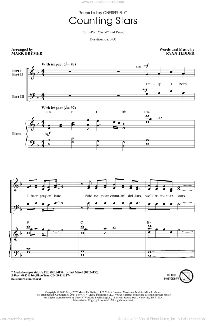 Counting Stars (arr. Mark Brymer) sheet music for choir (3-Part Mixed) by Mark Brymer, OneRepublic and Ryan Tedder, intermediate skill level