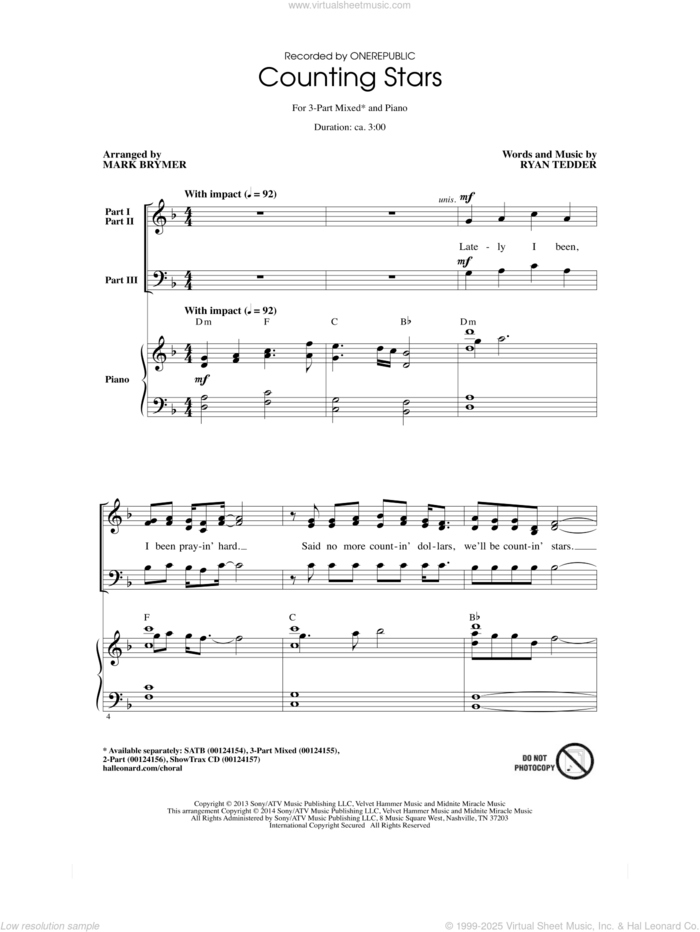 Counting Stars (arr. Mark Brymer) sheet music for choir (3-Part Mixed) by Mark Brymer, OneRepublic and Ryan Tedder, intermediate skill level