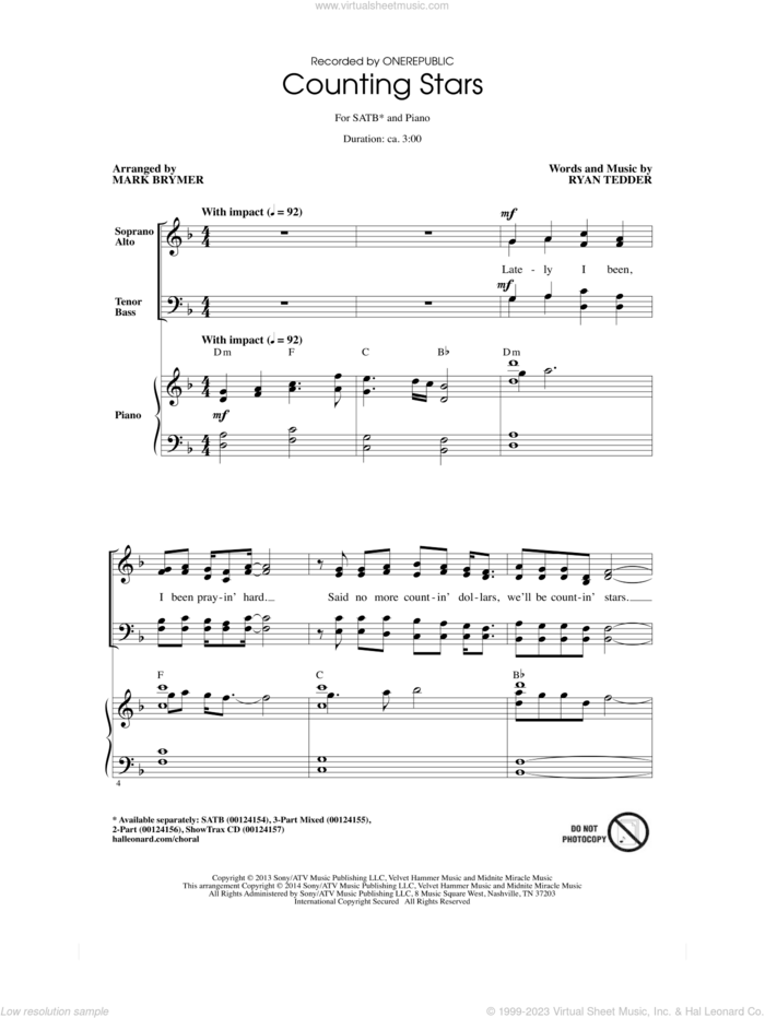 Counting Stars (arr. Mark Brymer) sheet music for choir (SATB: soprano, alto, tenor, bass) by Mark Brymer, OneRepublic and Ryan Tedder, intermediate skill level