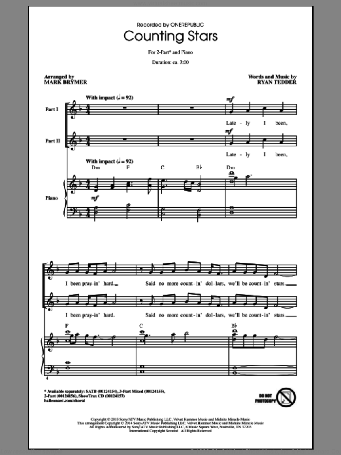 Counting Stars (arr. Mark Brymer) sheet music for choir (2-Part) by Mark Brymer, OneRepublic and Ryan Tedder, intermediate duet