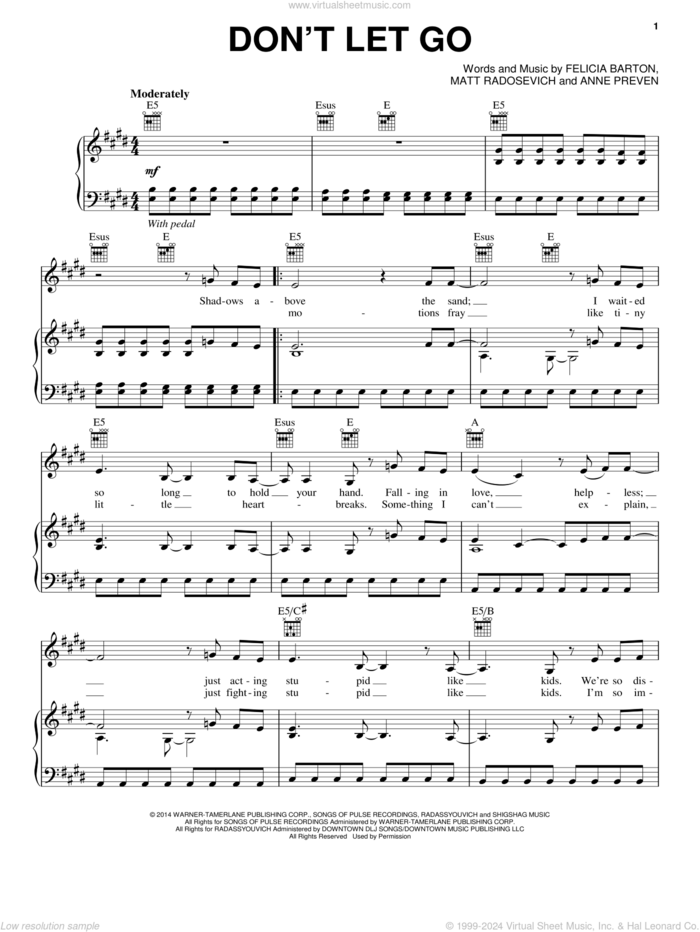 Don't Let Go sheet music for voice, piano or guitar by Lea Michele, Anne Preven, Felicia Barton and Matt Radosevich, intermediate skill level