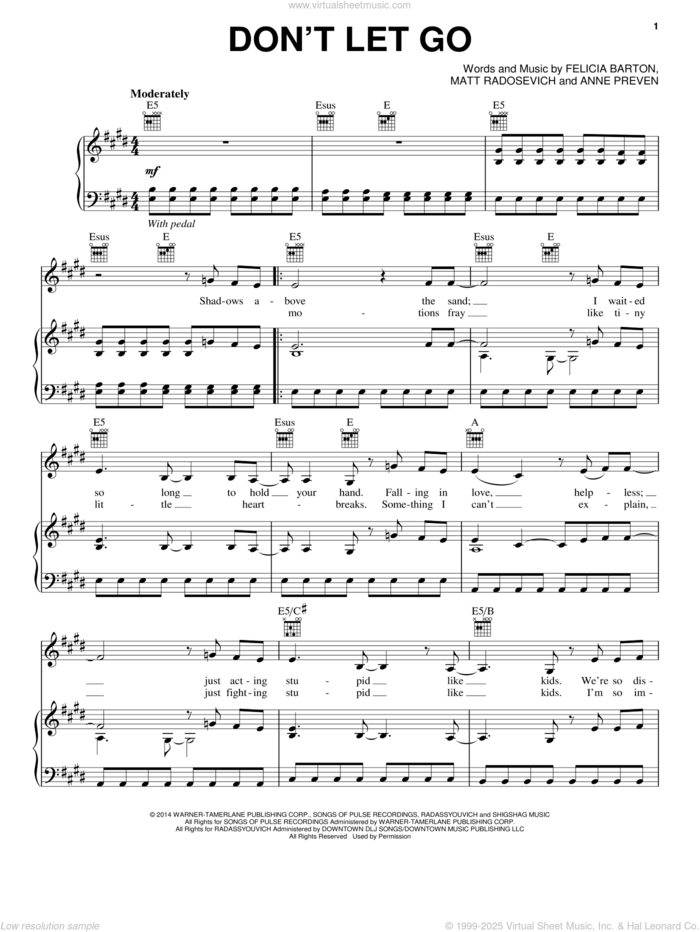 Don't Let Go sheet music for voice, piano or guitar by Lea Michele, Anne Preven, Felicia Barton and Matt Radosevich, intermediate skill level