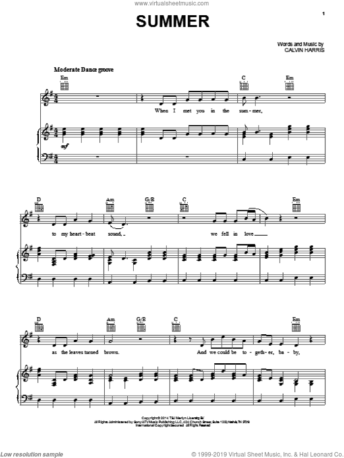 Summer sheet music for voice, piano or guitar by Calvin Harris, intermediate skill level