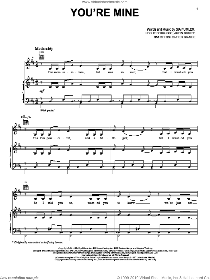 You're Mine sheet music for voice, piano or guitar by Lea Michele, Chris Braide, John Barry, Leslie Bricusse and Sia Furler, intermediate skill level