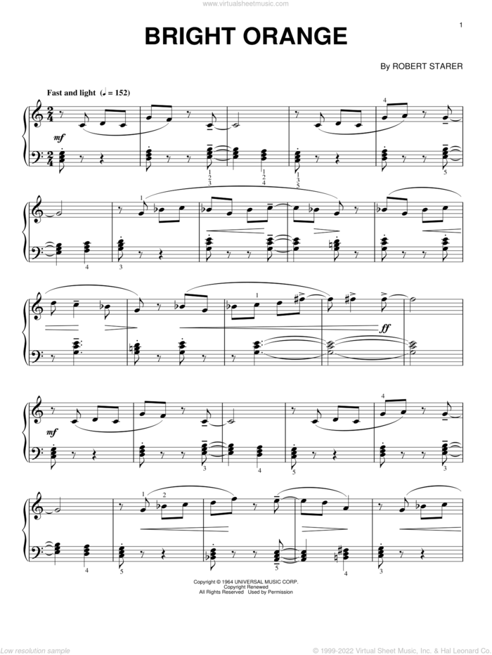 Bright Orange sheet music for piano solo by Robert Starer, intermediate skill level